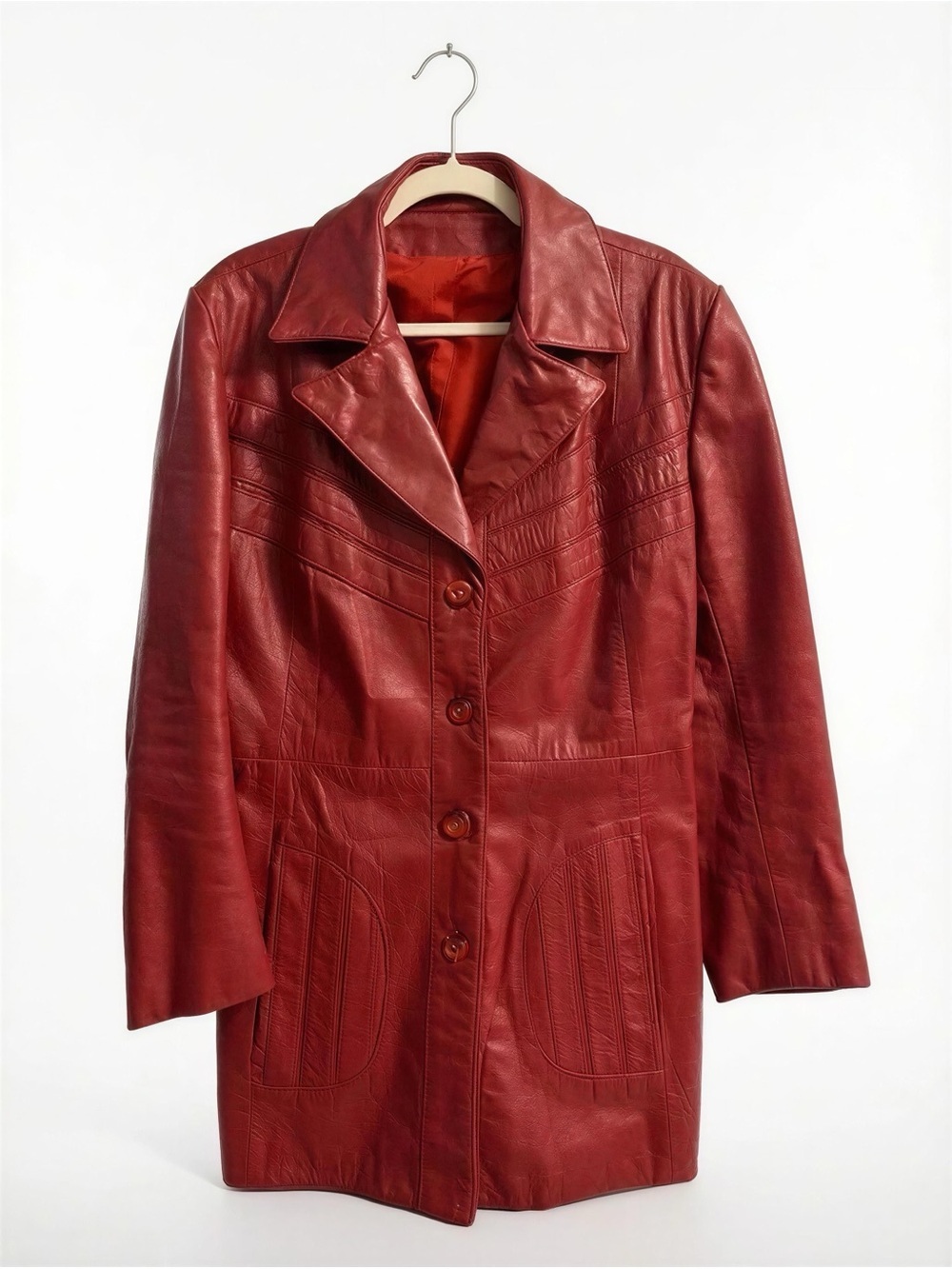 Women’s Red Faux Leather Belted Trench Coat
